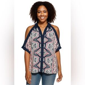 Anthropologie Eva Franco Blouse Red Blue White Batik Cold Shoulder Flowy SZ L